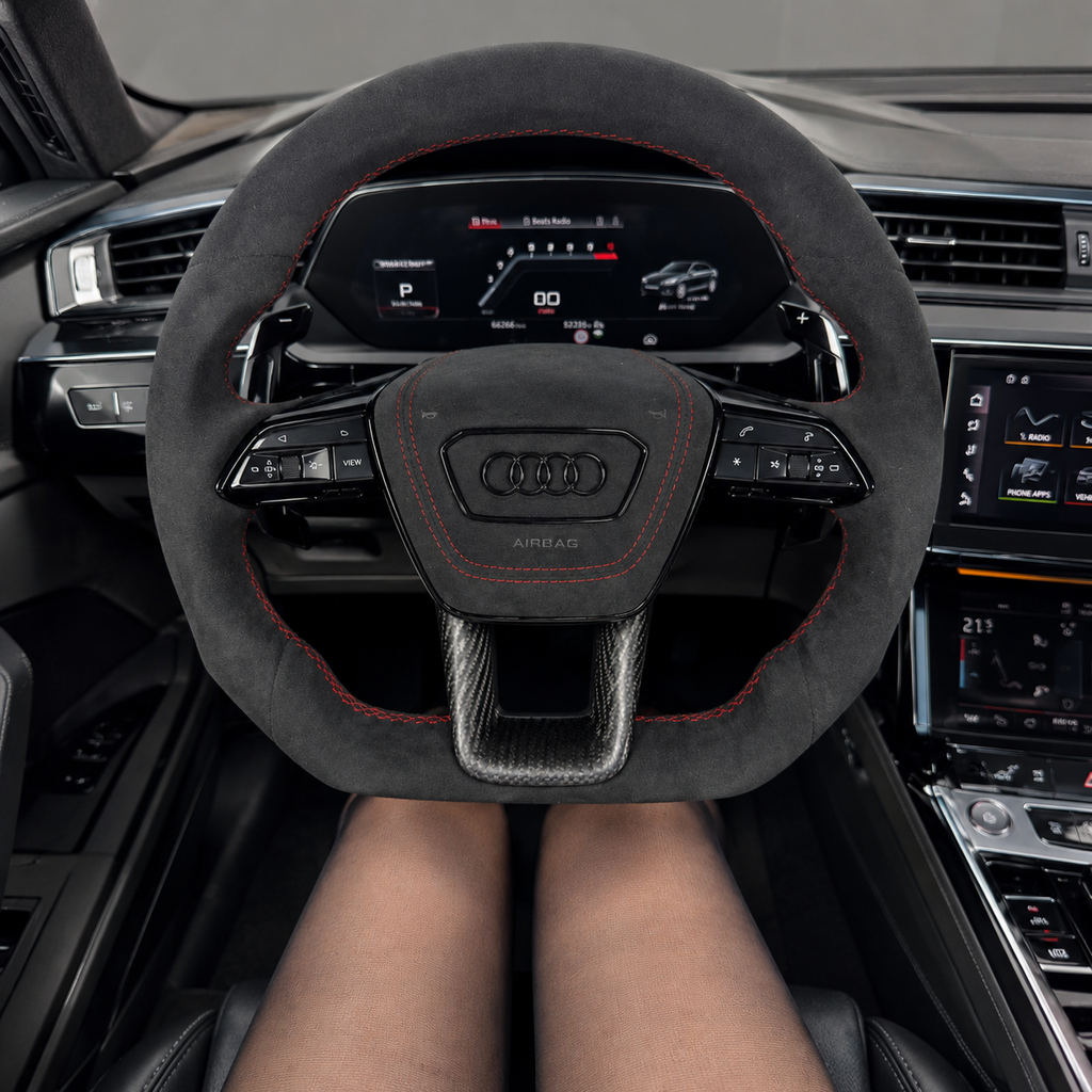 Audi Alcantara steering wheel installed in car interior - driver perspective