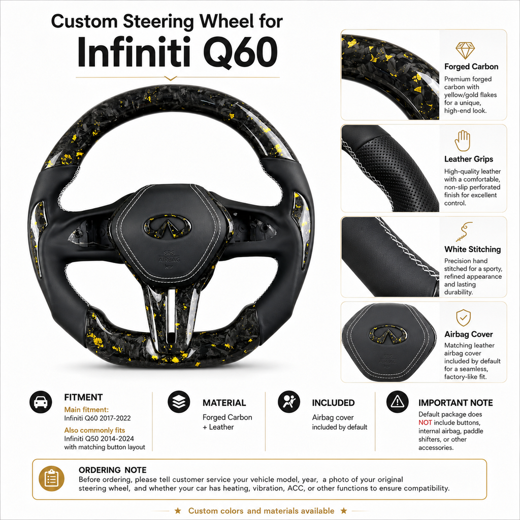 Infiniti Q60 custom forged carbon steering wheel featuring gold flake carbon leather grips white stitching and included airbag cover by CJ Mod Garage