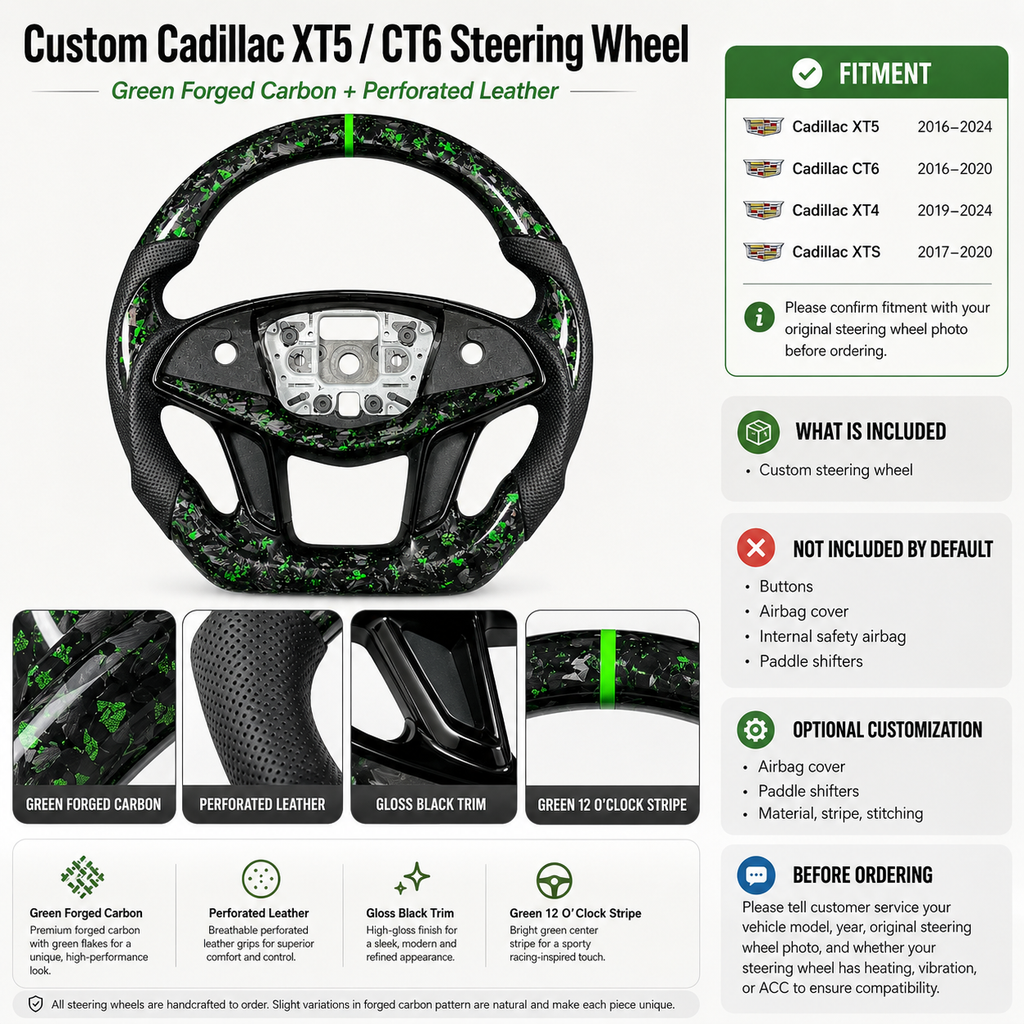 Cadillac XT5 CT6 green forged carbon steering wheel detail graphic with fitment notes by CJ Mod Garage