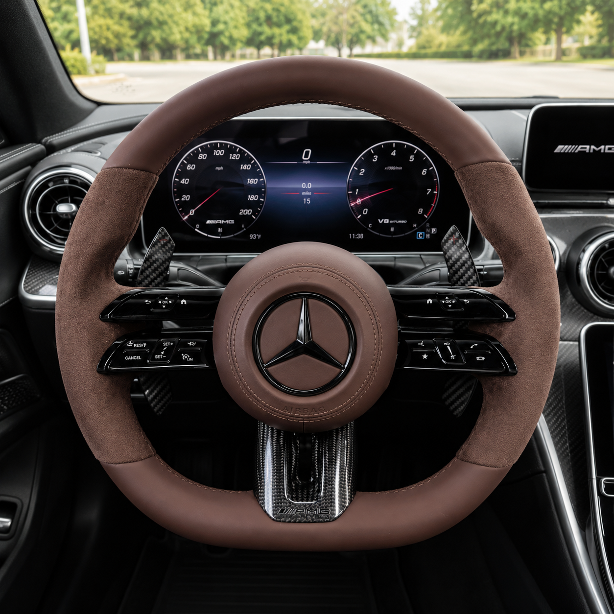 Mercedes W117 CLA 2013-2019 brown leather carbon fiber Dragonfly steering wheel cabin view by CJ Mod Garage