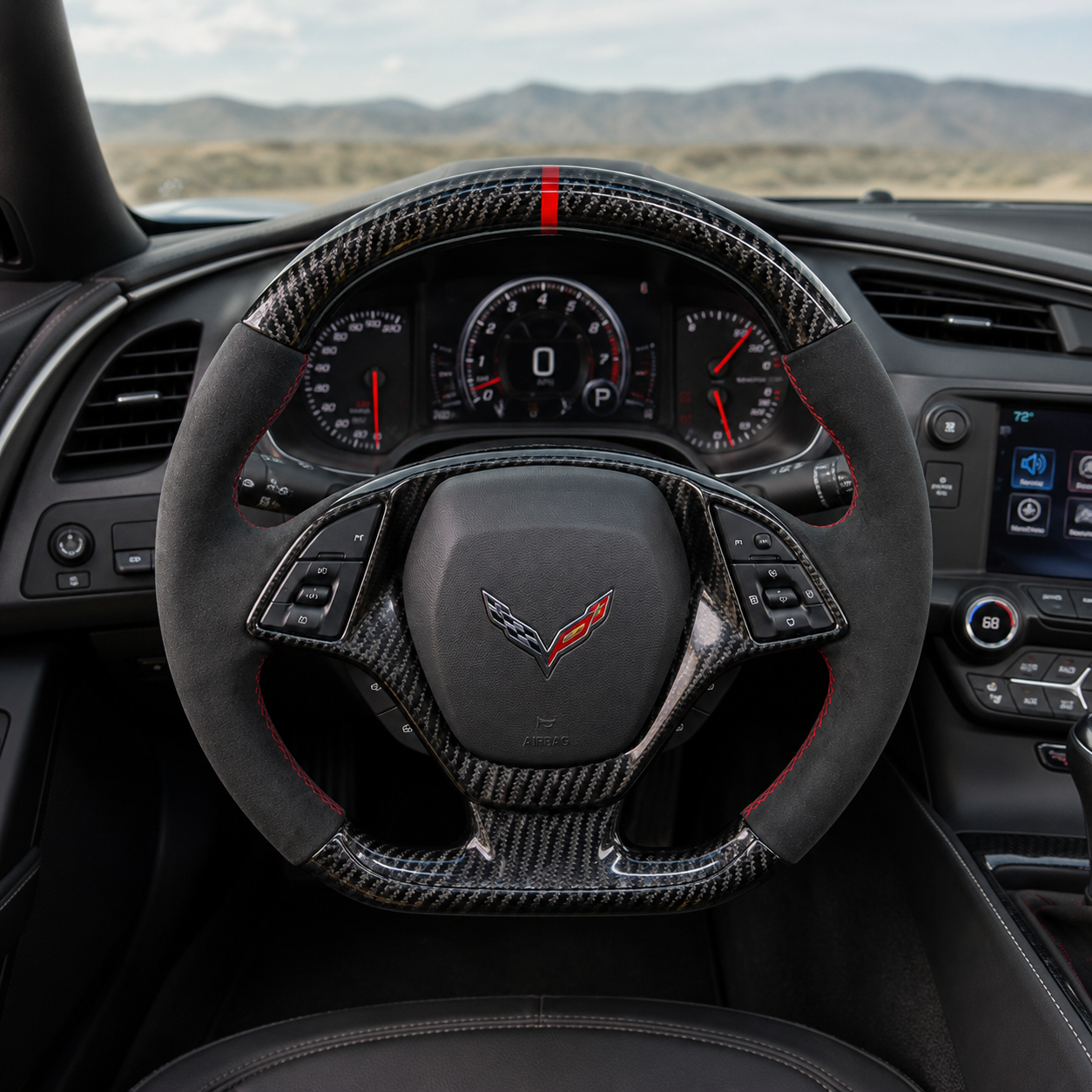 Chevrolet Corvette C7 interior front view with custom carbon fiber steering wheel black suede grips and red stitching