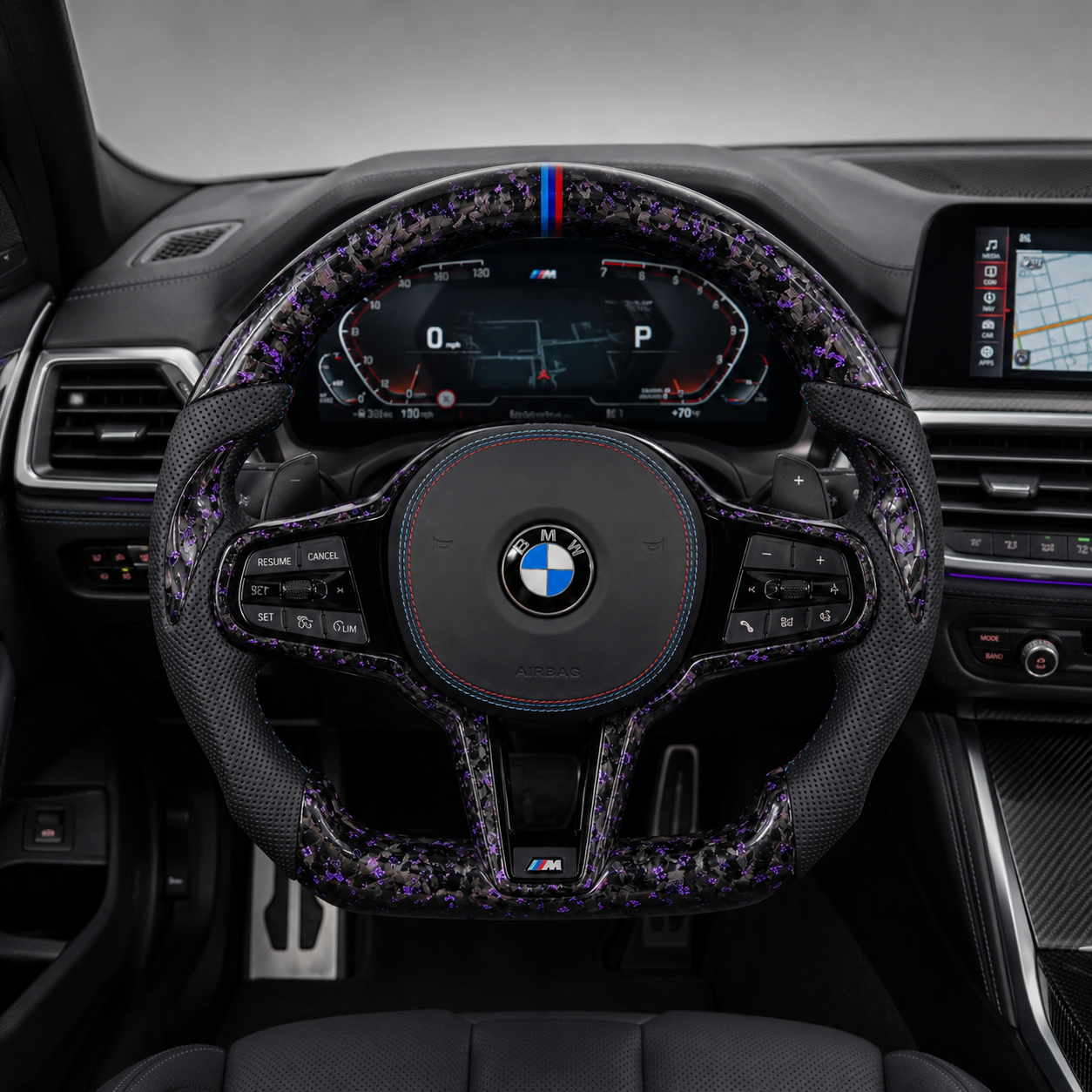 BMW M4 G82 2021-2025 purple forged carbon steering wheel cockpit view with M stripe by CJ Mod Garage