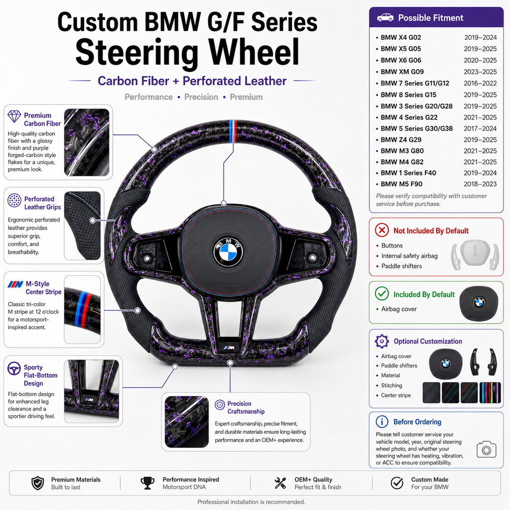 BMW G/F Series 2016-2025 purple carbon fiber steering wheel detail sheet with fitment by CJ Mod Garage