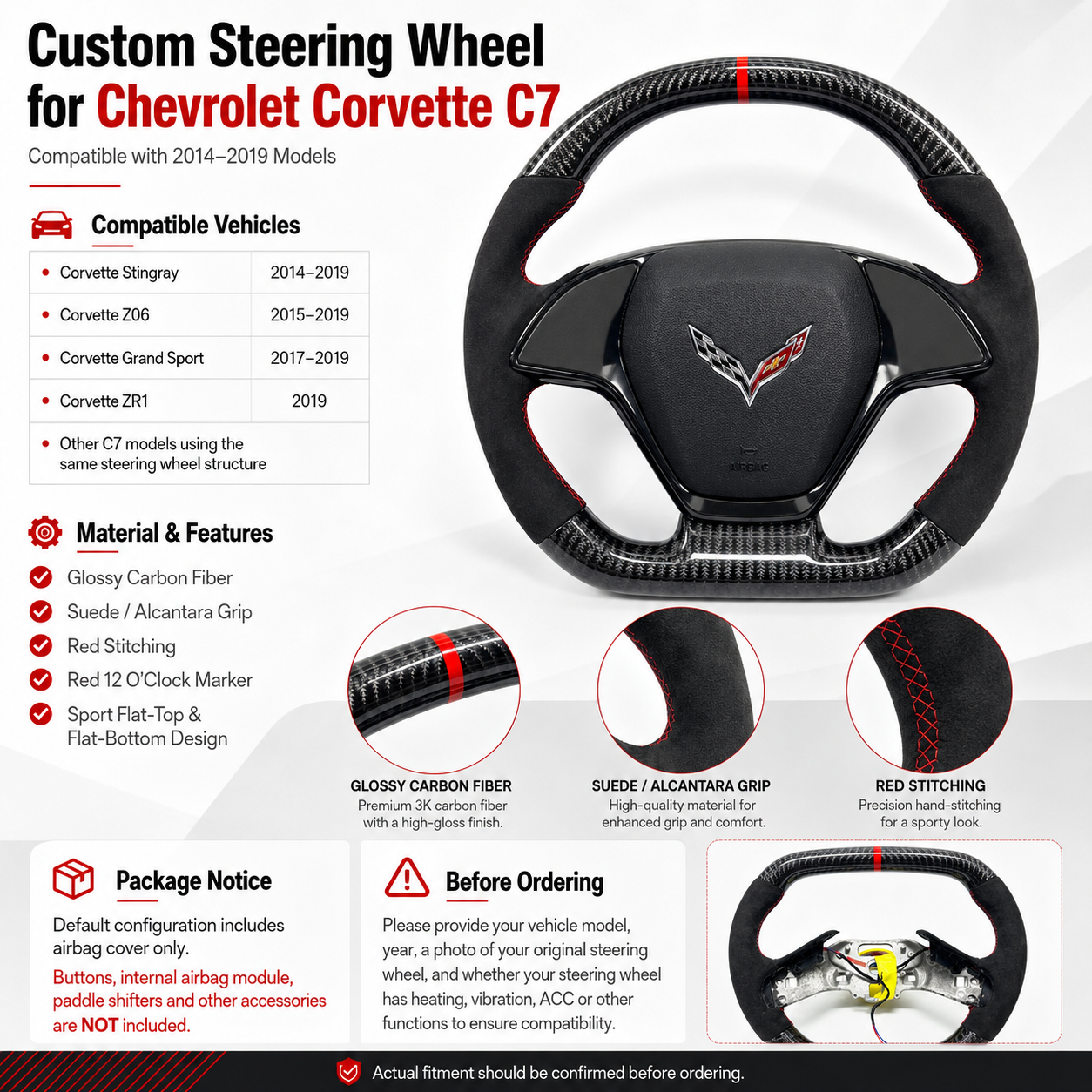 Chevrolet Corvette C7 custom steering wheel product detail image for twenty fourteen to twenty nineteen models
