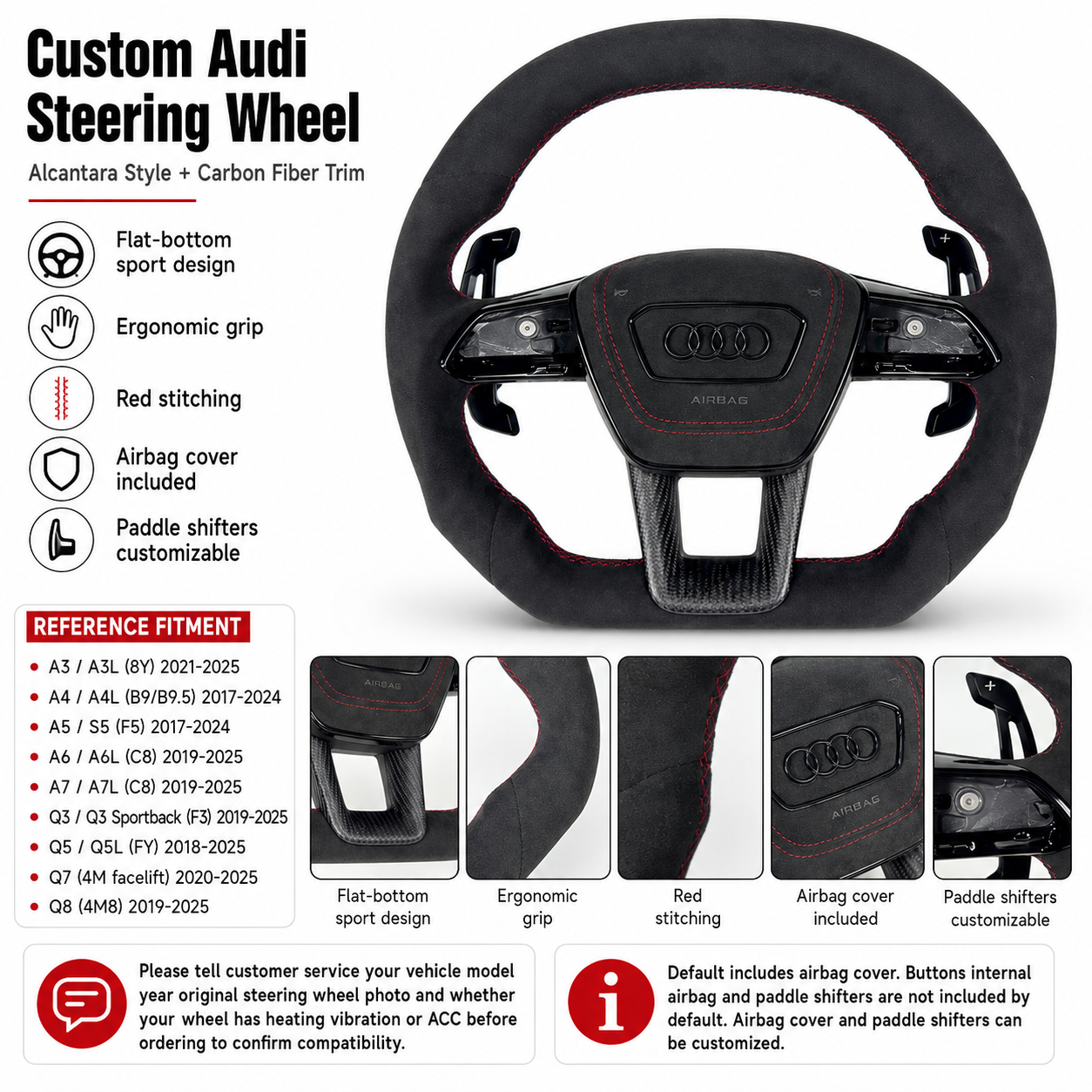 Audi Alcantara steering wheel - product spec infographic with fitment guide