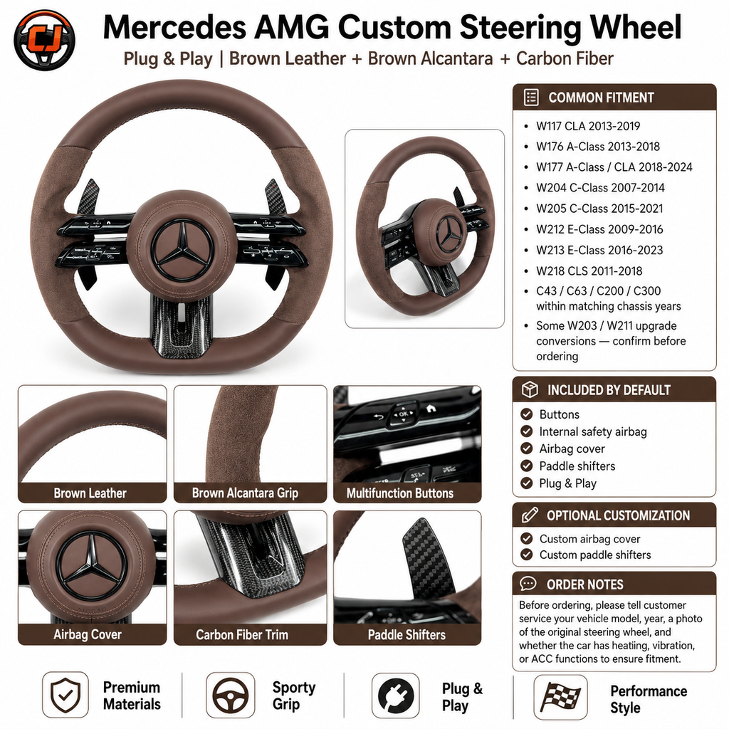 Mercedes AMG C43 C63 2015-2021 brown leather Alcantara steering wheel detail display by CJ Mod Garage