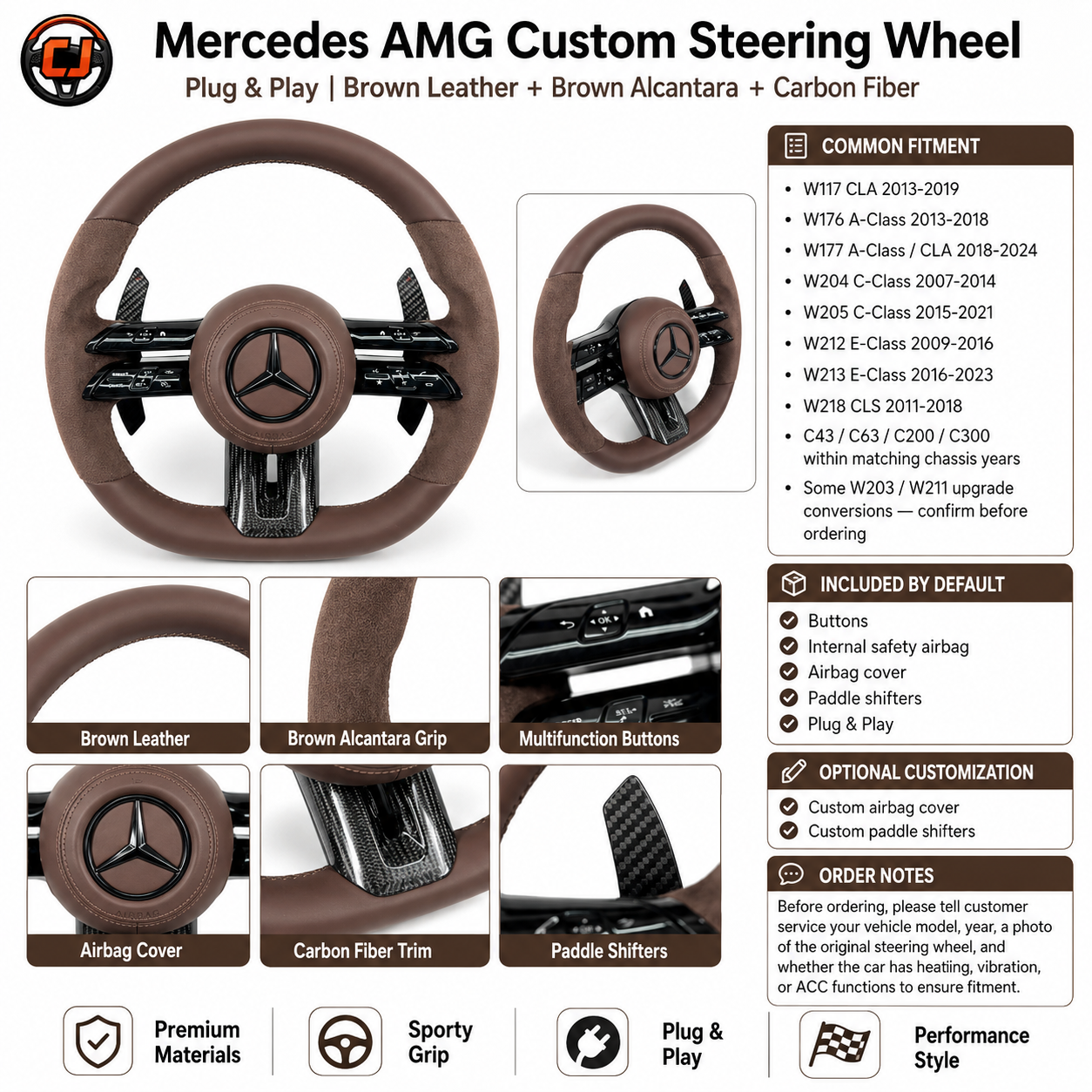 Mercedes AMG C43 C63 2015-2021 brown leather Alcantara steering wheel detail display by CJ Mod Garage