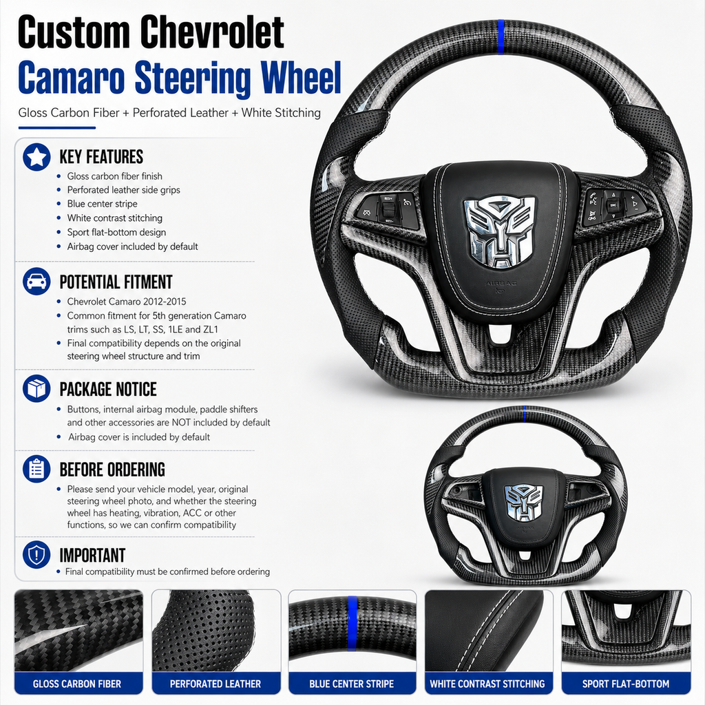 Product detail poster for custom Chevrolet Camaro steering wheel with gloss carbon fiber perforated leather white stitching blue center stripe fitment information and package notice