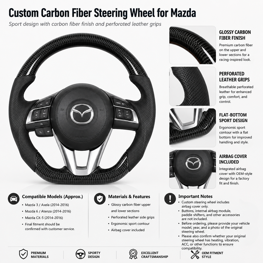 Custom Mazda carbon fiber steering wheel detail poster showing perforated leather grips flat bottom design airbag cover and fitment information