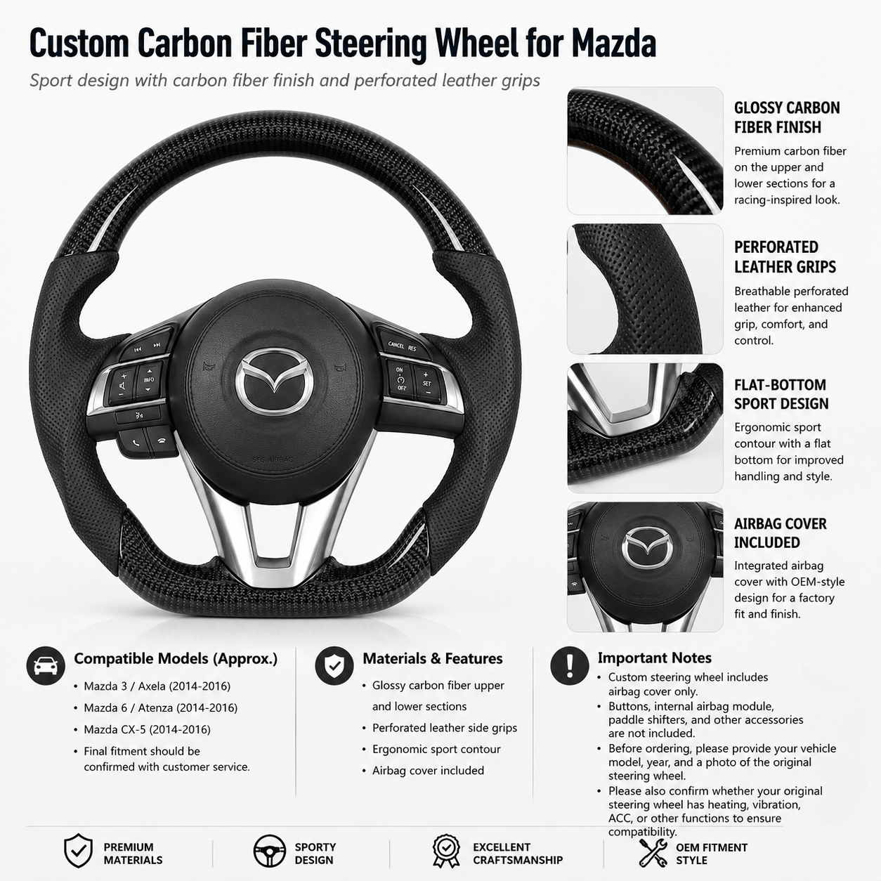 Custom Mazda carbon fiber steering wheel detail poster showing perforated leather grips flat bottom design airbag cover and fitment information