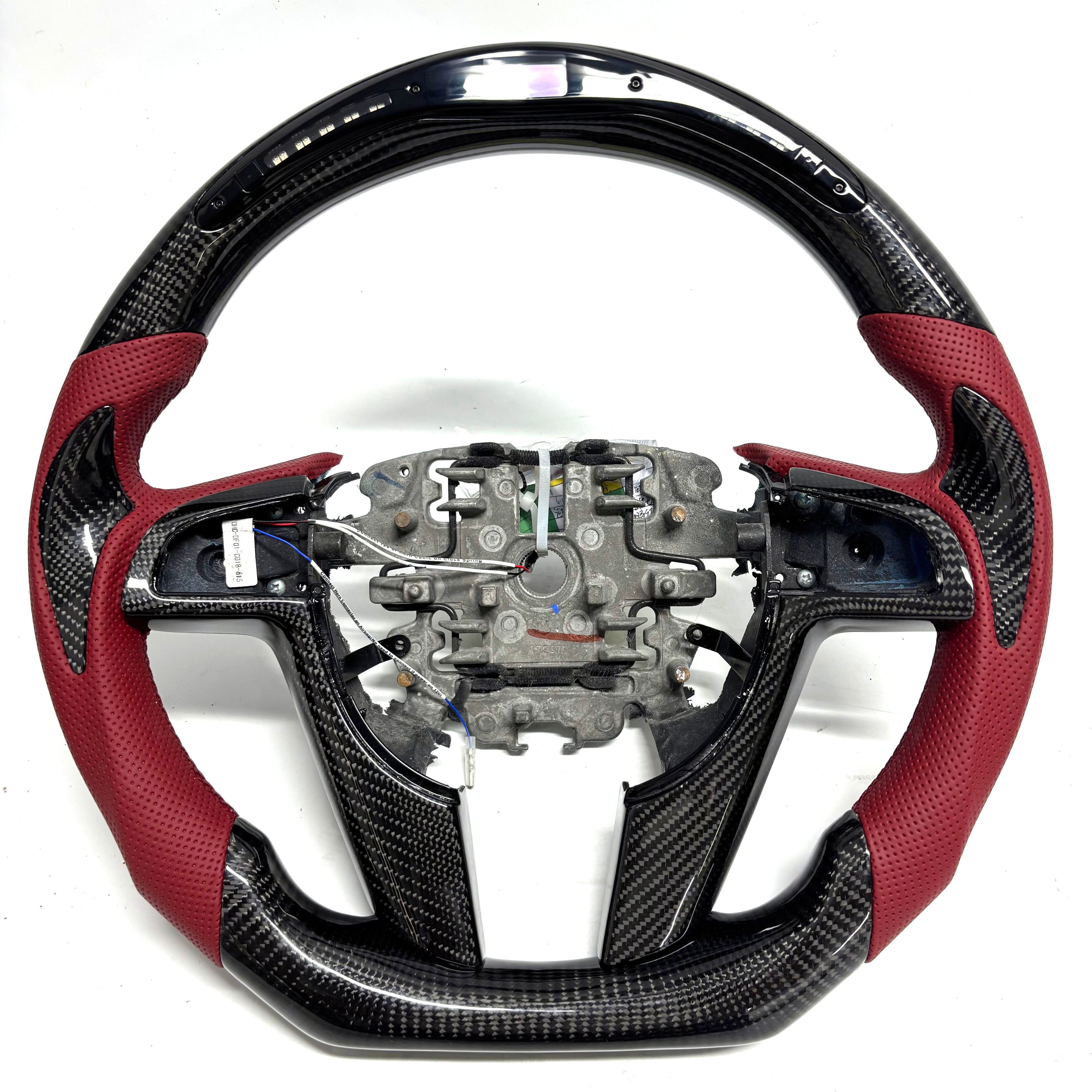 FOR Holden VE/Pontiac G8 Steering Wheel - Black Carbon Fiber & Bordeaux Red Perforated Leather & LED - CJ Mod Garage