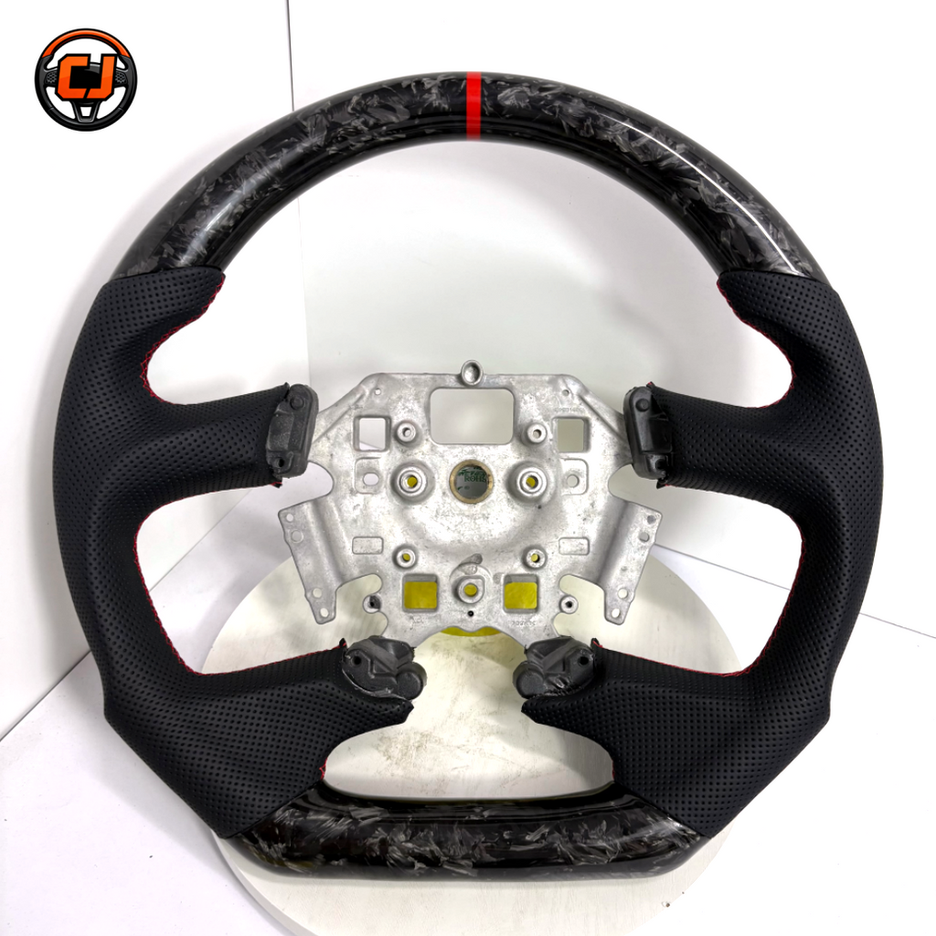 Ford Falcon FG XR XR6 XR8 white background steering wheel with forged carbon fiber, black perforated leather and red stitching by CJ Mod Garage