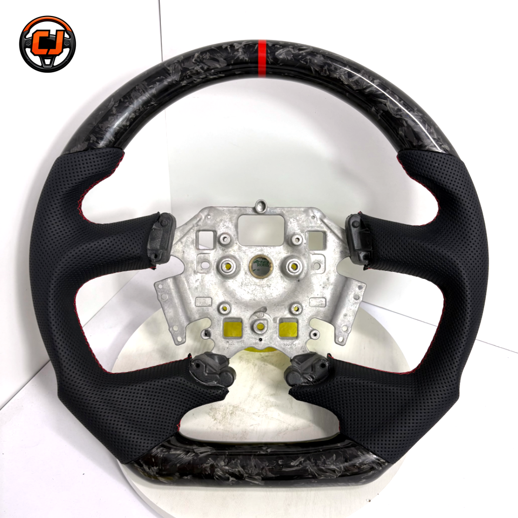 Ford Falcon FG XR XR6 XR8 white background steering wheel with forged carbon fiber, black perforated leather and red stitching by CJ Mod Garage
