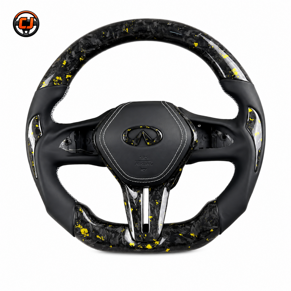 Infiniti Q50 Q60 forged carbon fiber steering wheel with yellow gold flakes black leather grips and white stitching by CJ Mod Garage
