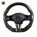 Infiniti Q50 Q60 forged carbon fiber steering wheel with yellow gold flakes black leather grips and white stitching by CJ Mod Garage