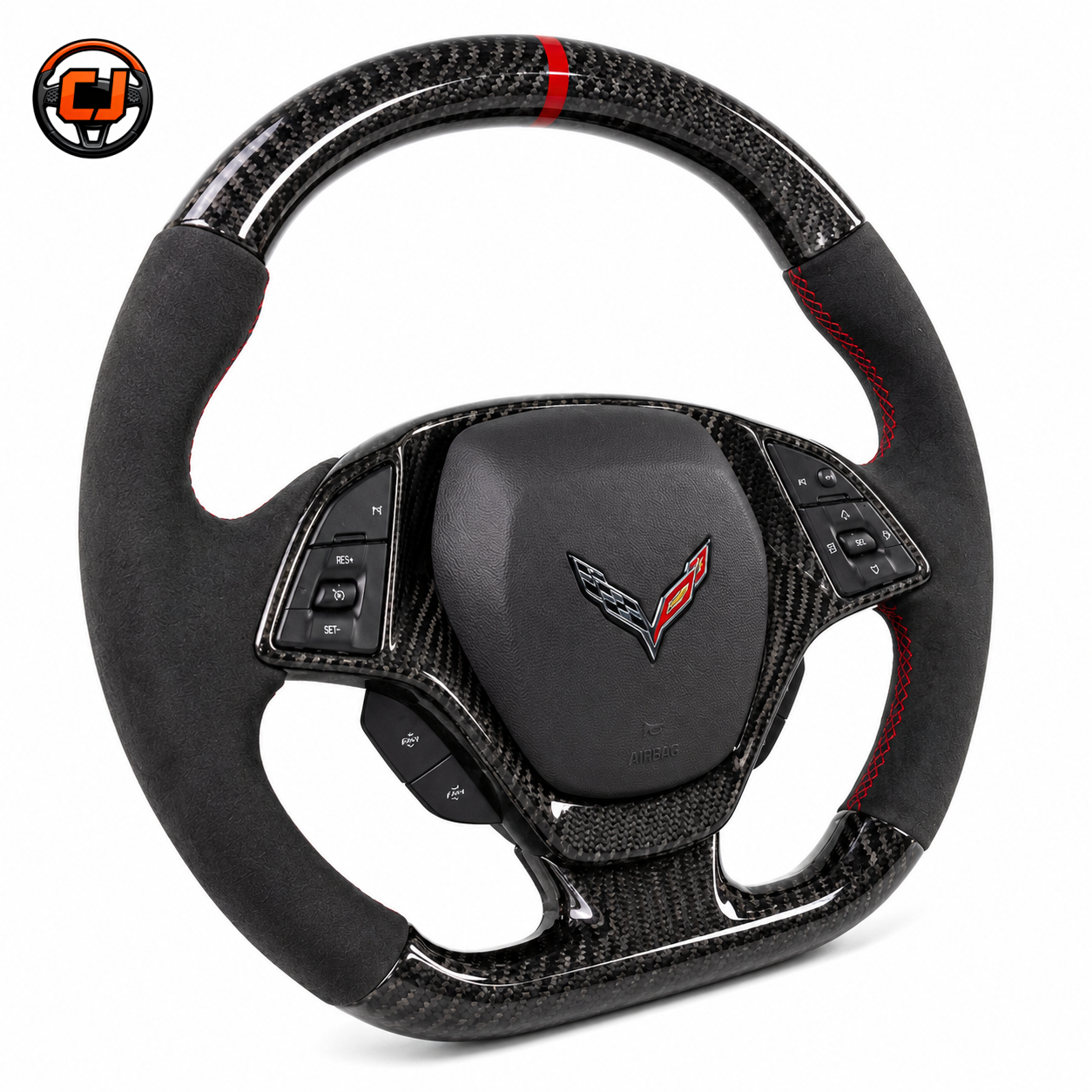 Chevrolet Corvette C7 custom carbon fiber steering wheel front product view with black suede grips and flat bottom design