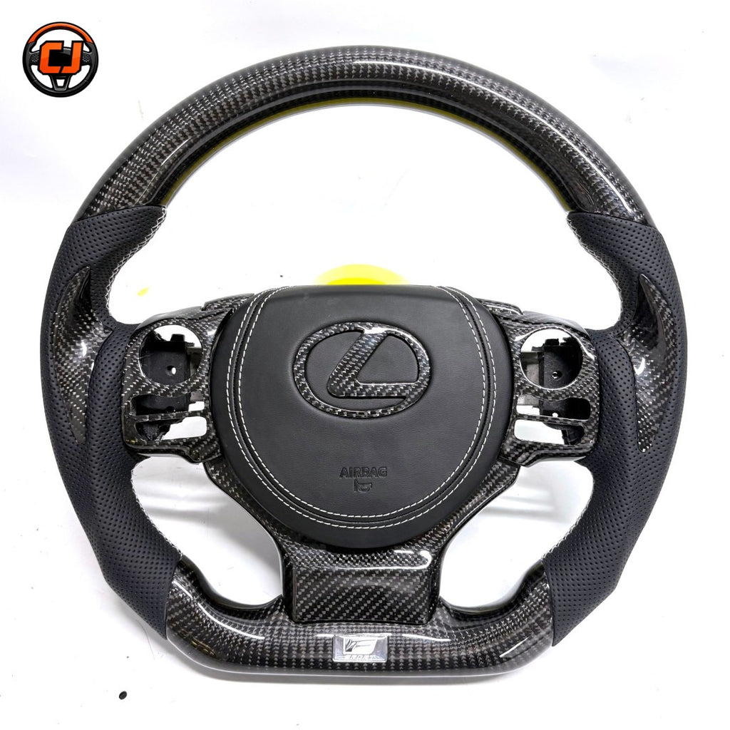 Handcrafted Lexus Carbon Fiber Steering Wheel With Black Perforated Leather White Stitching Airbag Cover And Sport Inspired Shape For Lexus IS 2014 2020 RC 2015 2020 GS 2013 2020 NX 2015 2021 CT 2014 2022 CJ Mod Garage
