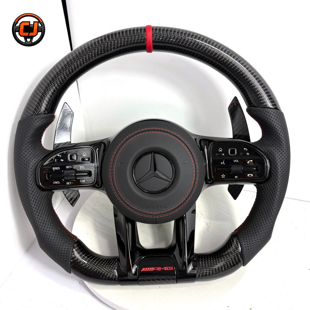 Mercedes AMG performance steering wheel with black leather grips red stitching carbon fiber frame for W117 W176 W177 W203 W204 W205 W211 W212 W213 CJ Mod Garage