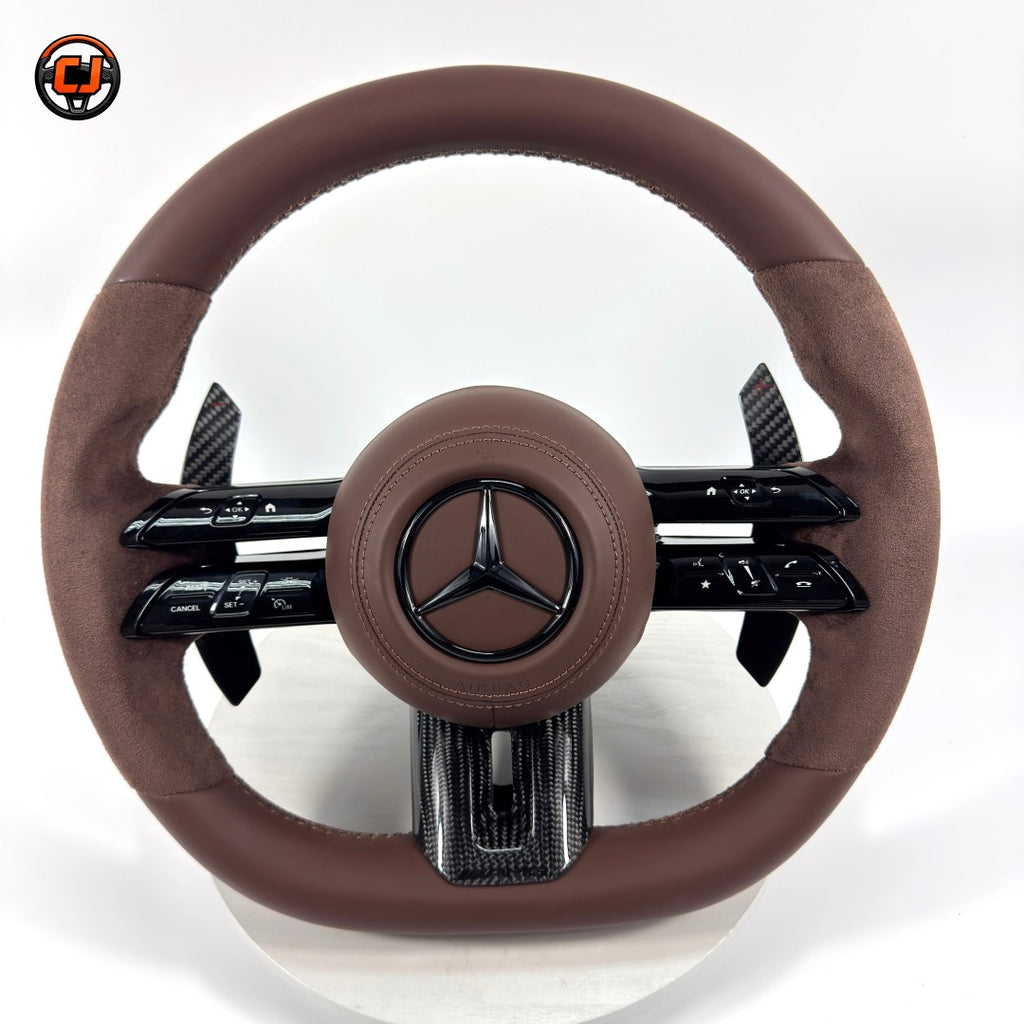 Mercedes W212 E-Class 2009-2016 brown leather Alcantara Dragonfly steering wheel by CJ Mod Garage