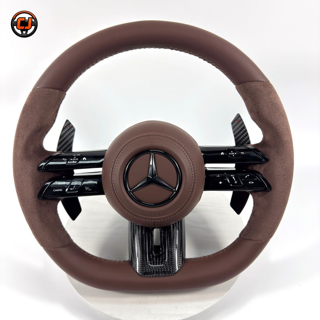 Mercedes W212 E-Class 2009-2016 brown leather Alcantara Dragonfly steering wheel by CJ Mod Garage