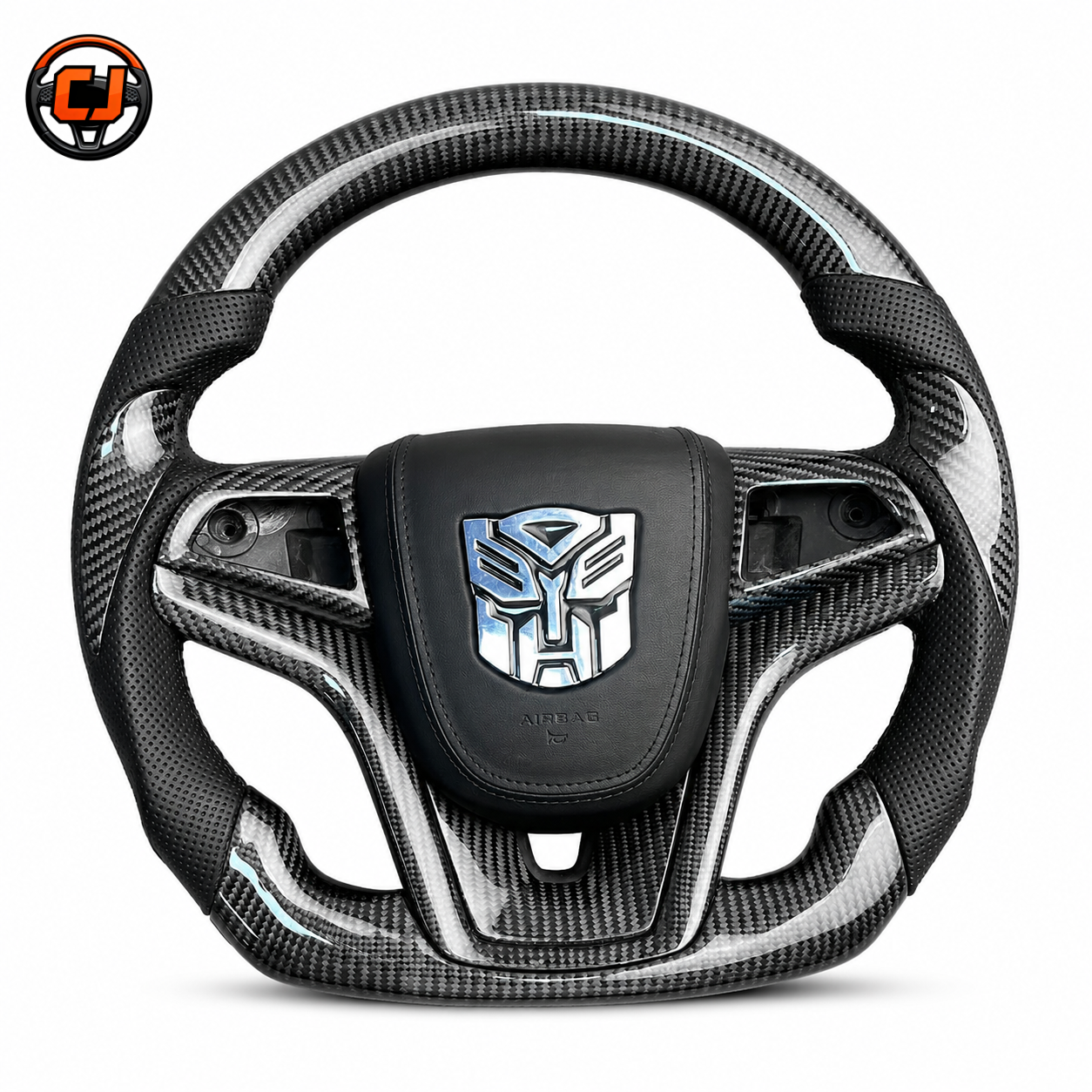 Custom Chevrolet Camaro carbon fiber steering wheel with blue center stripe black perforated leather grips white stitching black airbag cover and silver transformer style emblem
