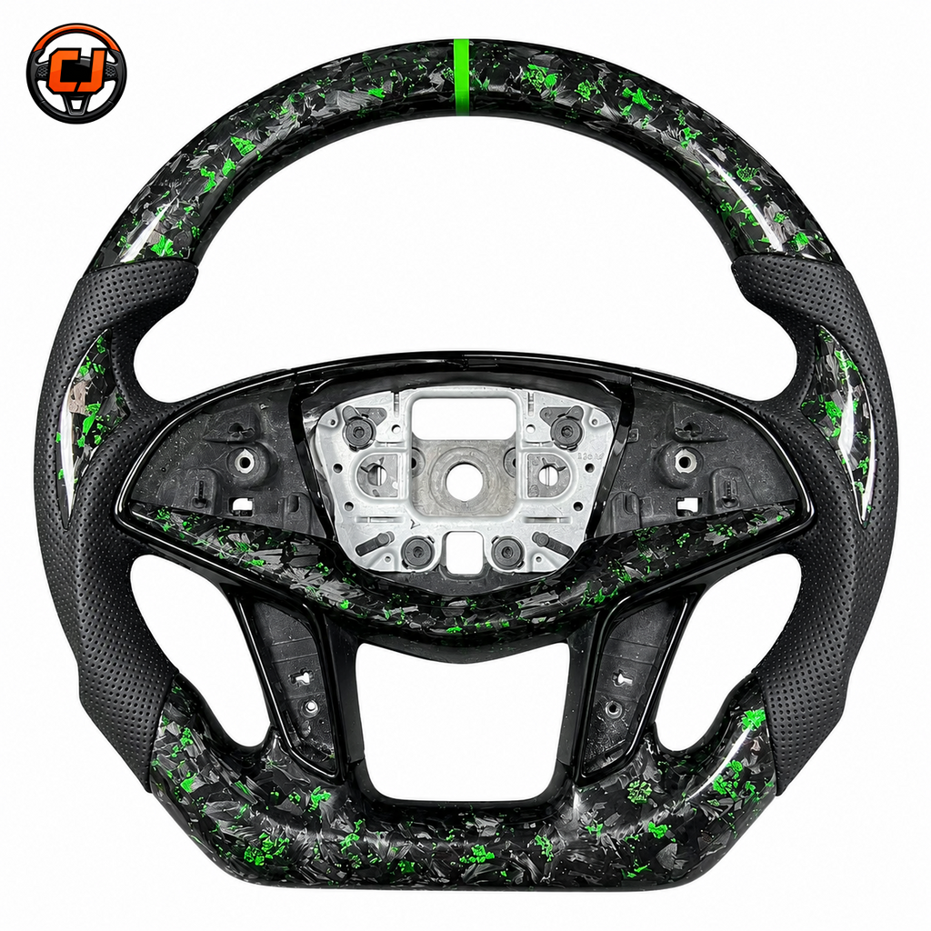 Cadillac XT5 CT6 green forged carbon flat-bottom steering wheel with perforated side grips by CJ Mod Garage