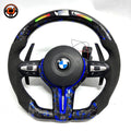 BMW F Series E Series blue forged carbon fiber steering wheel with integrated LED shift indicator, multifunction buttons, and suede Alcantara grip