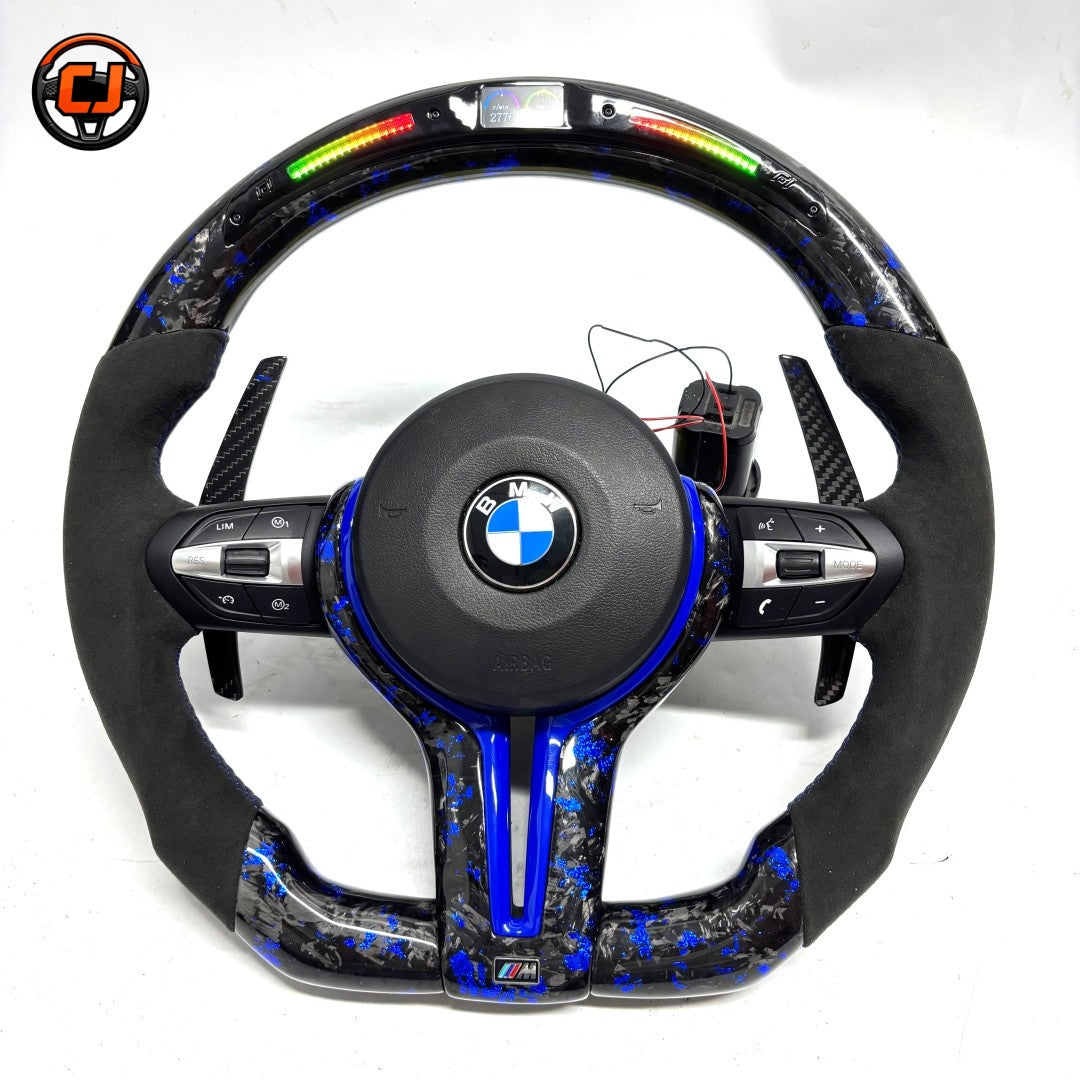 BMW F Series E Series blue forged carbon fiber steering wheel with integrated LED shift indicator, multifunction buttons, and suede Alcantara grip