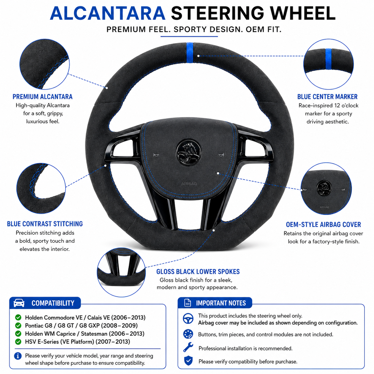 FOR Holden Commodore VE/Pontiac G8 Steering Wheel - Black Alcantara & Blue Stripes & Airbag Cover - CJ Mod Garage & Product Details Image