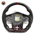 Toyota GR Supra A90 performance steering wheel in forged carbon composite with red flake finish, Alcantara leather grips and handcrafted racing-inspired design by CJ Mod Garage