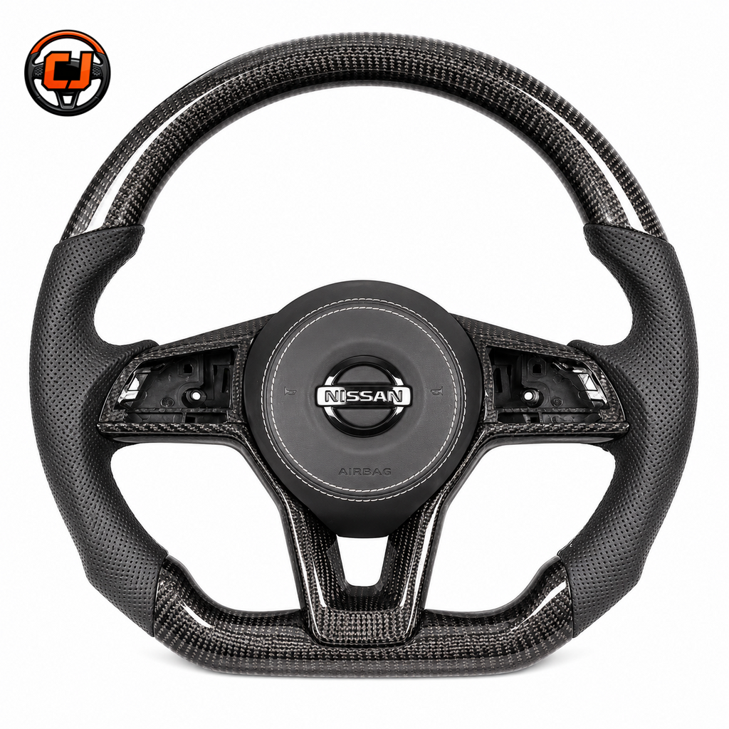 Nissan Sylphy Sentra carbon fiber steering wheel featuring white contrast stitching premium leather wrap and OEM fitment by CJ Mod Garage
