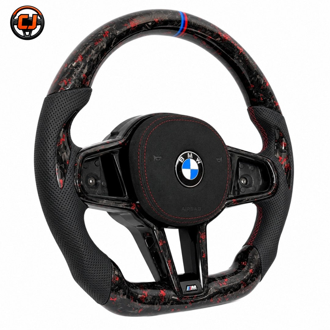 BMW G/F Series 2016-2025 red forged carbon steering wheel with black perforated leather by CJ Mod Garage
