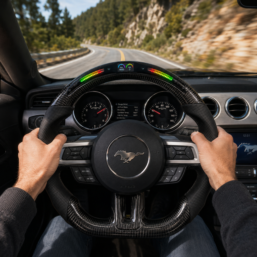 FOR Ford Mustang S550/GT 2015-2023 Carbon Fiber Steering Wheel - Black Carbon Fiber & Black Perforated Leather & LED - CJ Mod Garage & Driving Scene Images