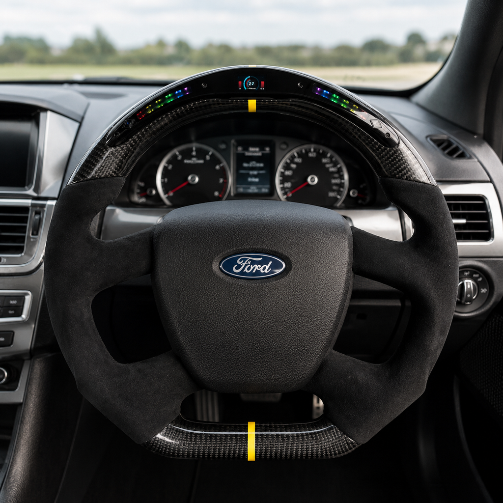 Ford Falcon FG XR6 XR8 LED steering wheel interior view with carbon fiber, black Alcantara and yellow stripe by CJ Mod Garage