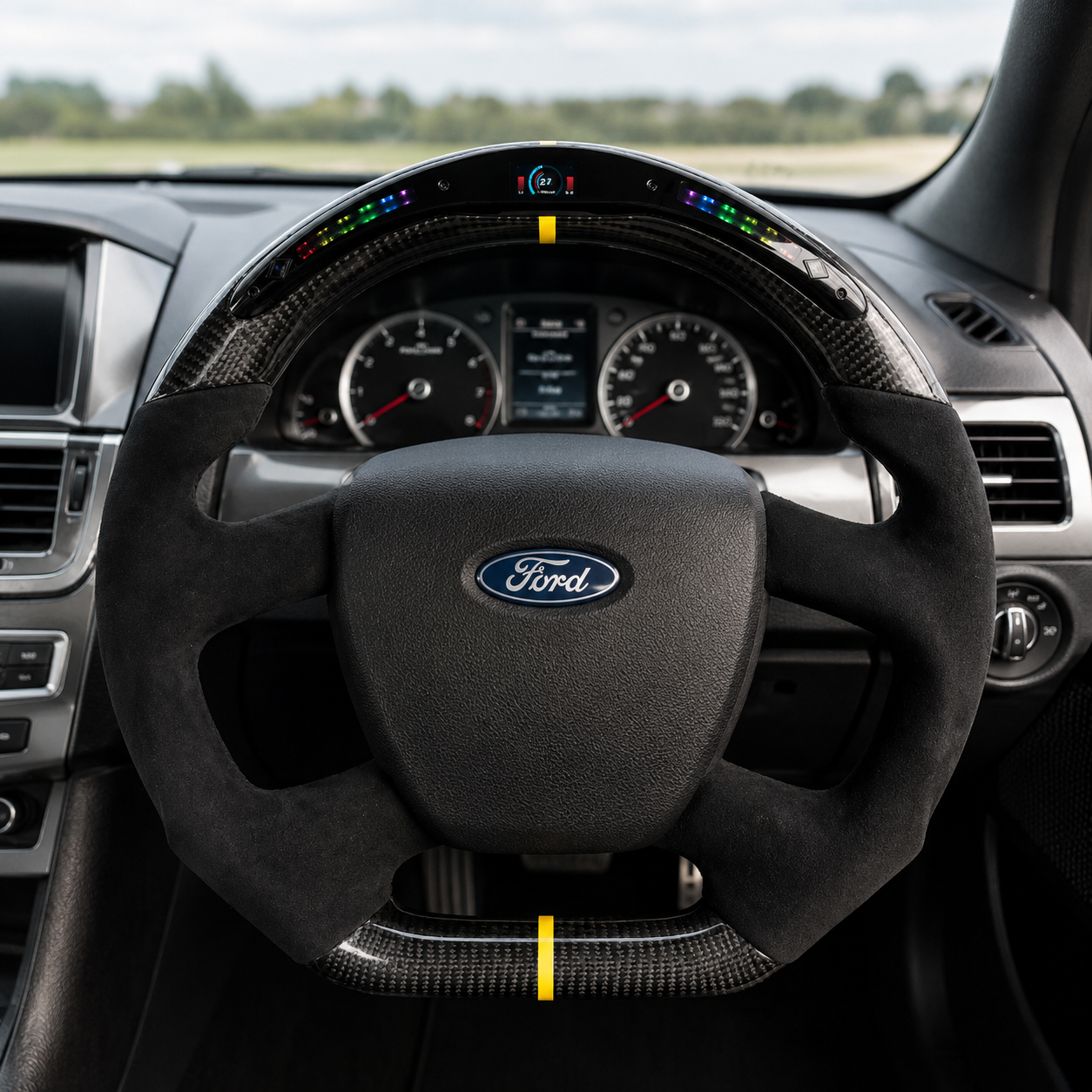 Ford Falcon FG XR6 XR8 LED steering wheel interior view with carbon fiber, black Alcantara and yellow stripe by CJ Mod Garage