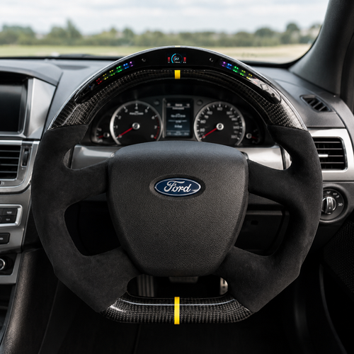 Ford Falcon FG XR6 XR8 LED steering wheel interior view with carbon fiber, black Alcantara and yellow stripe by CJ Mod Garage