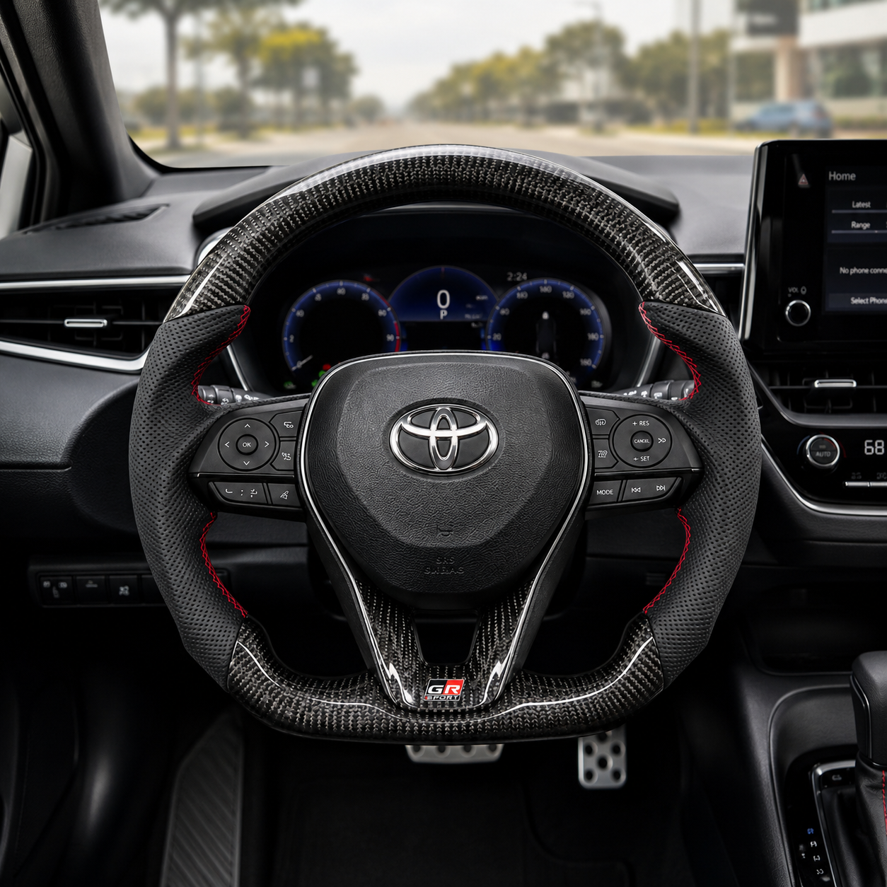 Toyota Corolla Altis Levin GR Corolla carbon fiber steering wheel with perforated leather grips and red stitching installed in vehicle interior by CJ Mod Garage