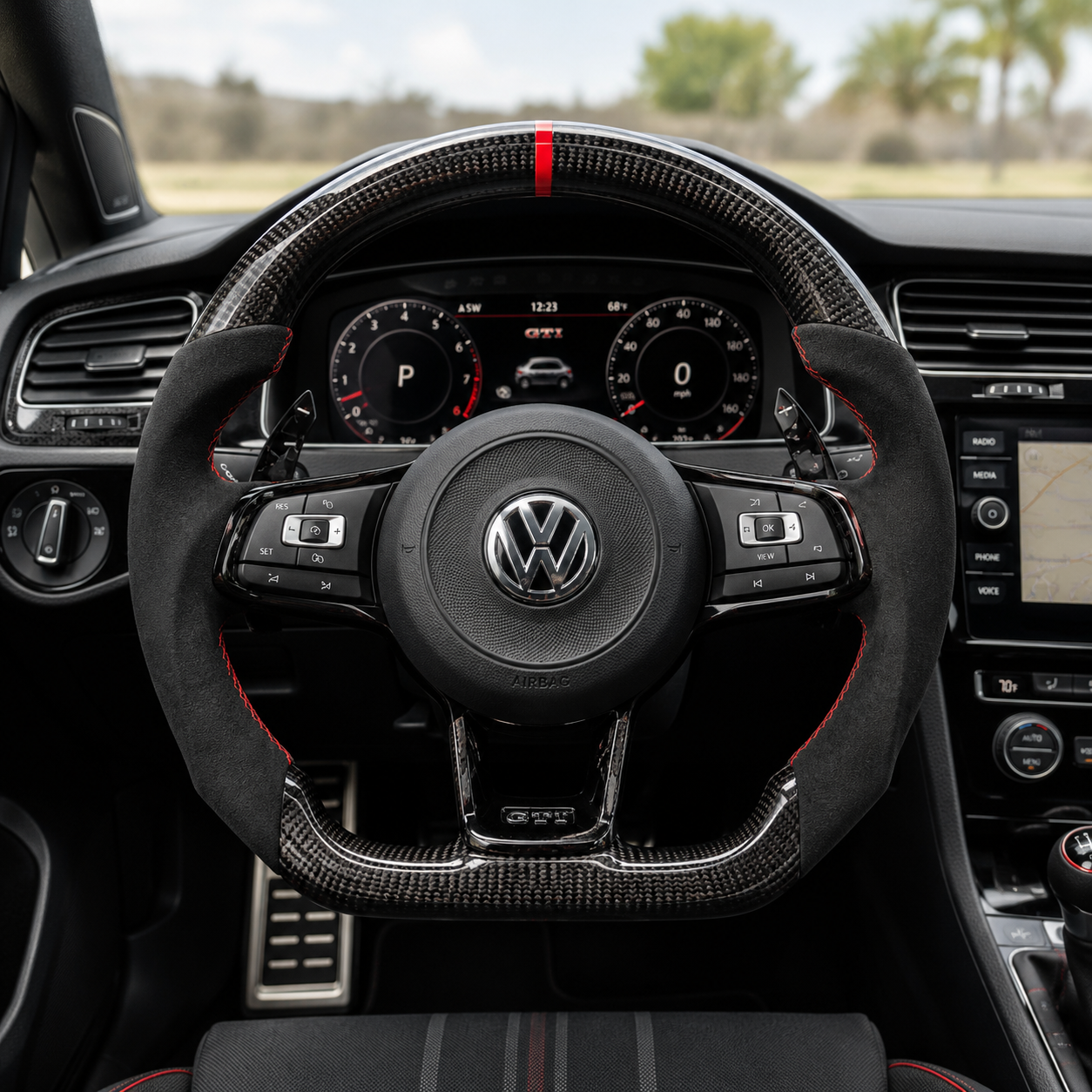 VW Golf GTI Mk7 and Mk7 5 2013 to 2020 glossy carbon Alcantara red stripe cockpit view CJ Mod Garage