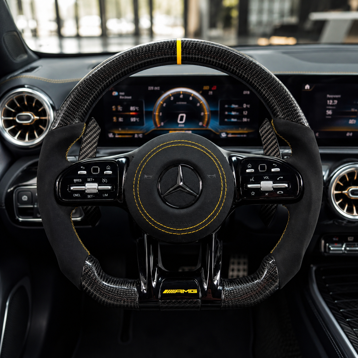 Mercedes AMG carbon fiber steering wheel with yellow center stripe black Alcantara grips for W117 W176 W177 W205 W213 C43 C63 C200 C300 CJ Mod Garage
