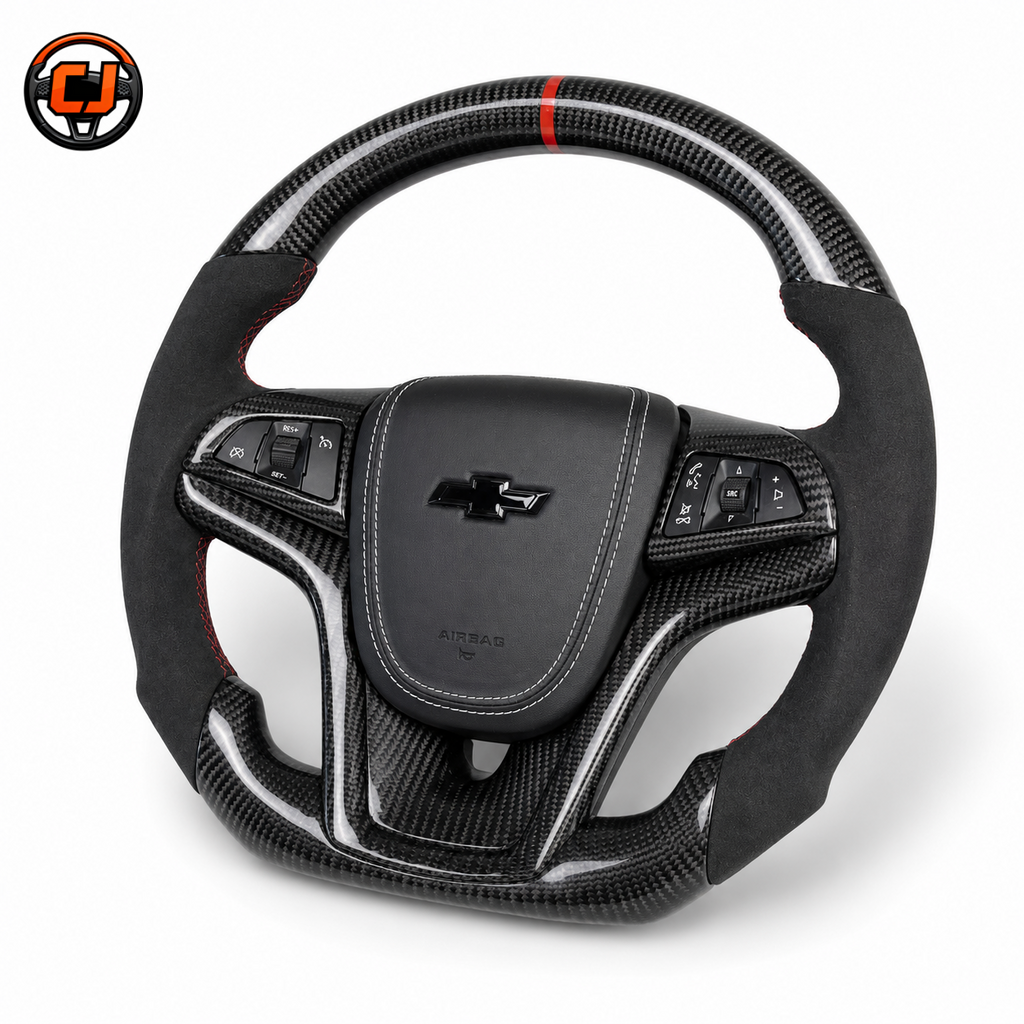 Custom Chevrolet Camaro carbon fiber steering wheel black suede grip red center stripe transformer emblem and gloss carbon fiber trim studio product photo