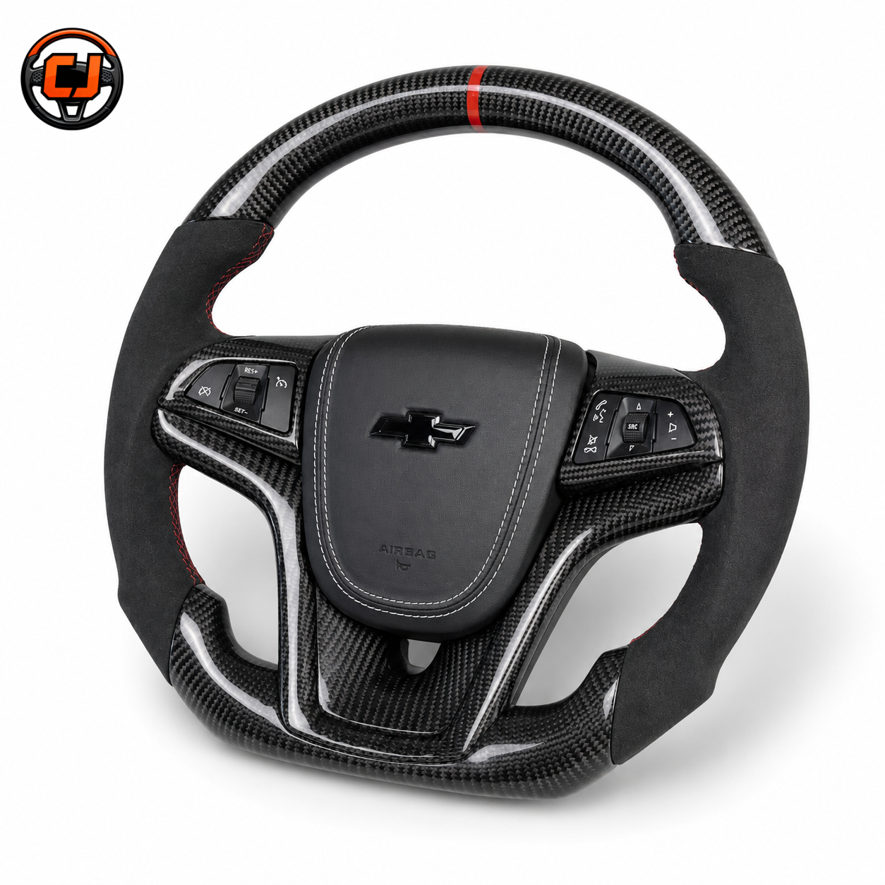 Custom Chevrolet Camaro carbon fiber steering wheel black suede grip red center stripe transformer emblem and gloss carbon fiber trim studio product photo
