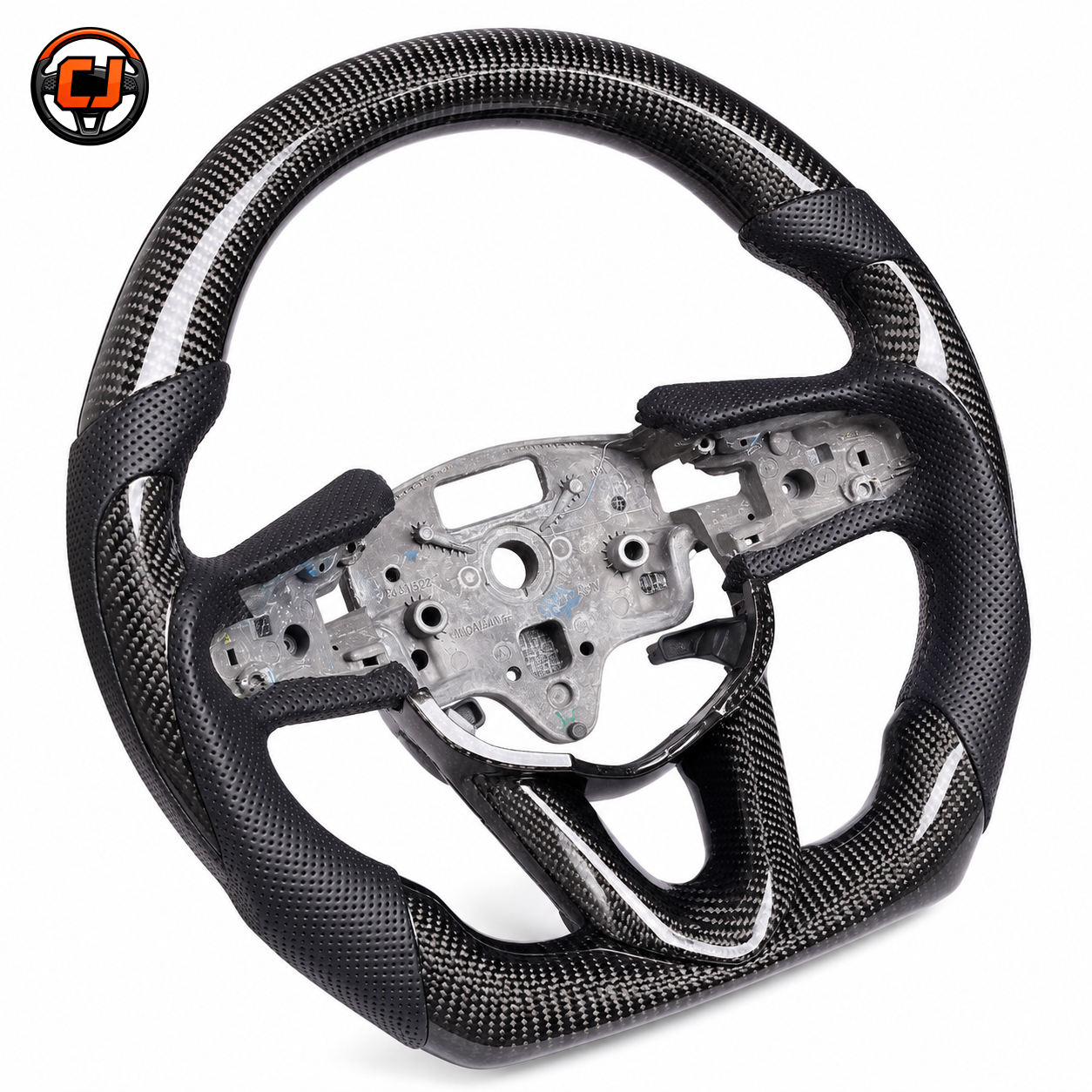 Cadillac CT4 CT5 gloss carbon fiber steering wheel shell with perforated leather grip details by CJ Mod Garage