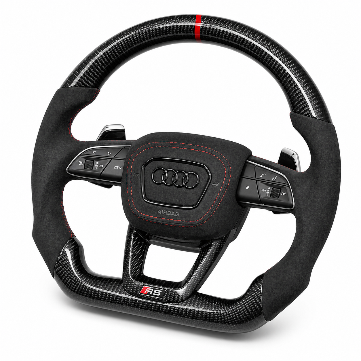 Audi RS gloss carbon fiber suede steering wheel - product spec infographic with fitment guide