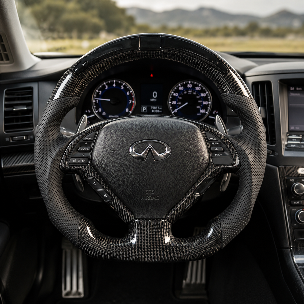 Infiniti G25 G37 carbon fiber steering wheel with perforated leather grips paddle shifters and sporty flat bottom design by CJ Mod Garage