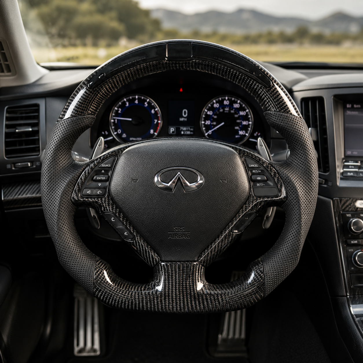 Infiniti G25 G37 carbon fiber steering wheel with perforated leather grips paddle shifters and sporty flat bottom design by CJ Mod Garage