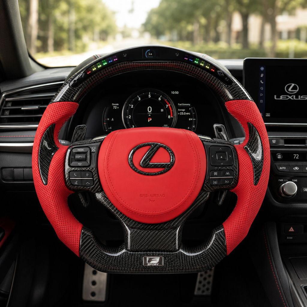Lexus F Sport Steering Wheel With LED Display Carbon Fiber Frame Red Perforated Leather And Matching Airbag Cover Installed In Cabin For Lexus IS 2014 2020 RC 2015 2020 GS 2013 2020 NX 2015 2021 CT 2014 2022 CJ Mod Garage