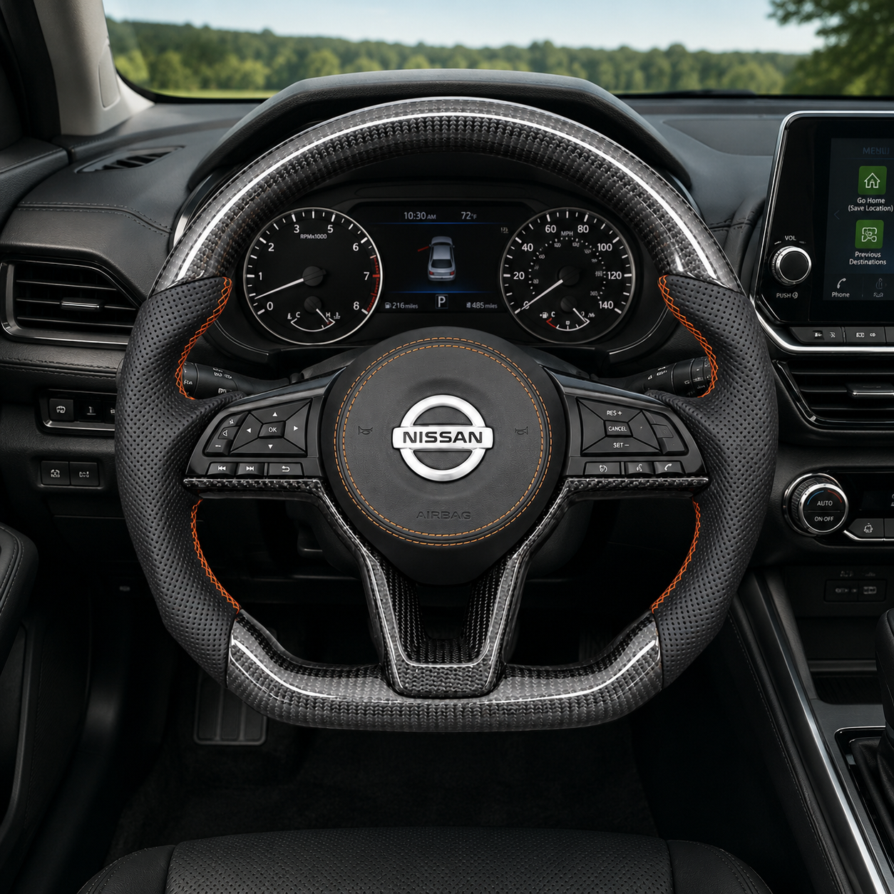 Nissan Sylphy B17 custom carbon fiber steering wheel with orange stitching perforated leather grips and OEM multifunction controls by CJ Mod Garage