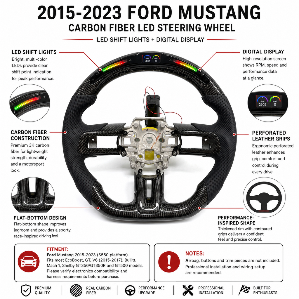 FOR Ford Mustang S550/GT 2015-2023 Carbon Fiber Steering Wheel - Black Carbon Fiber & Black Perforated Leather & LED - CJ Mod Garage & Product Details Image