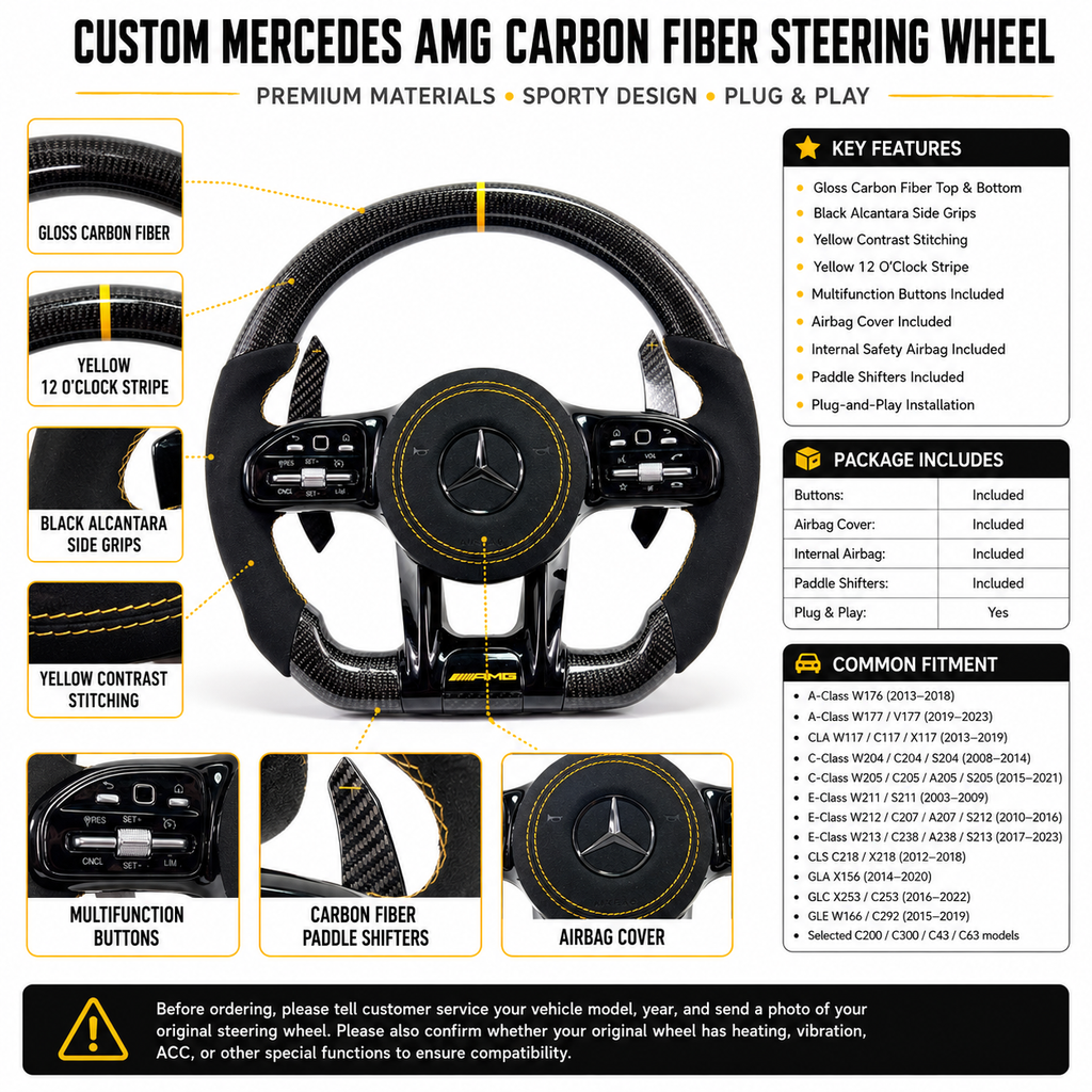 Custom Mercedes AMG steering wheel with gloss carbon fiber yellow stitching paddle shifters for W203 W204 W205 W211 W212 W218 C43 C63 C200 C300 CJ Mod Garage