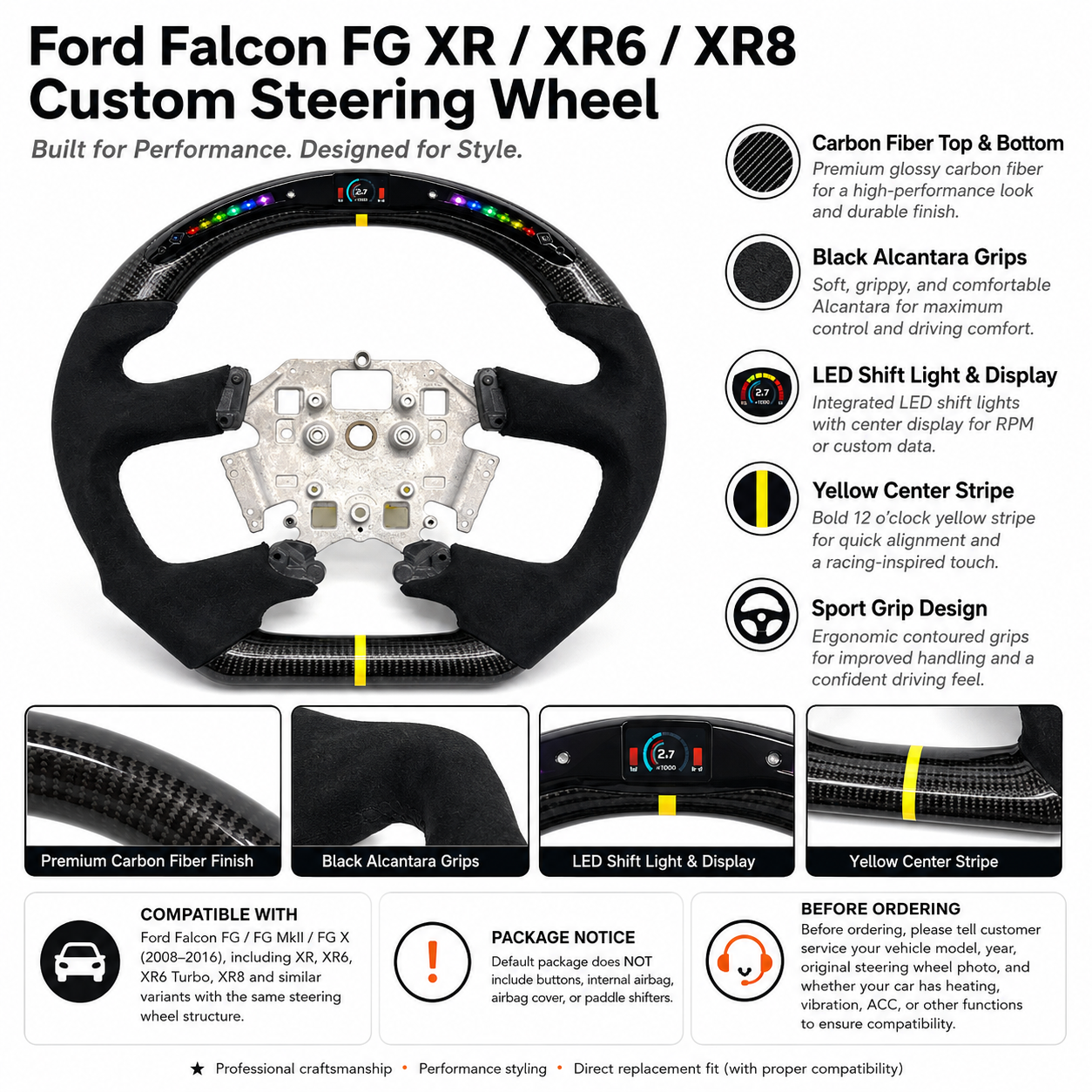 Ford Falcon FG FG MkII FG X steering wheel SEO graphic with carbon fiber, Alcantara, LED display and yellow stripe by CJ Mod Garage